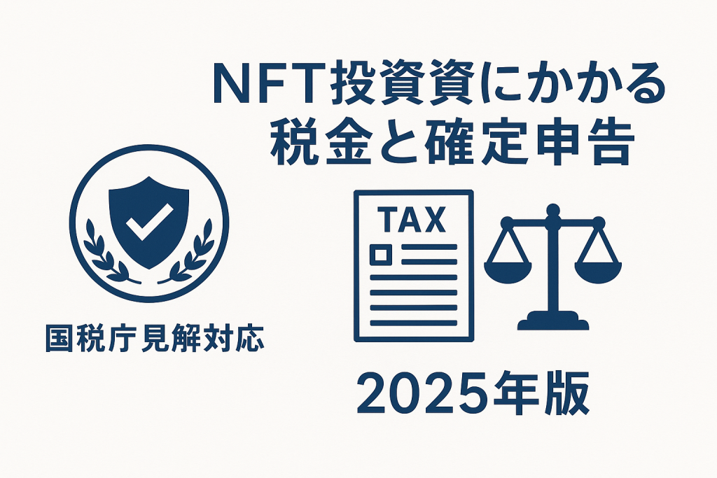 NFT投資 税金の課税原則を示す国税庁見解対応図解。財産的価値との交換可能性による課税・非課税の判定基準と公的機関の信頼性を表現した権威的デザイン