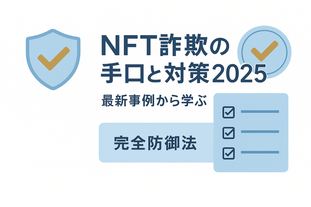 NFT詐欺 対策の完全防御法を示すセキュリティガイド図解。盾マークと防護システムで資産保護方法を視覚化したインフォグラフィック