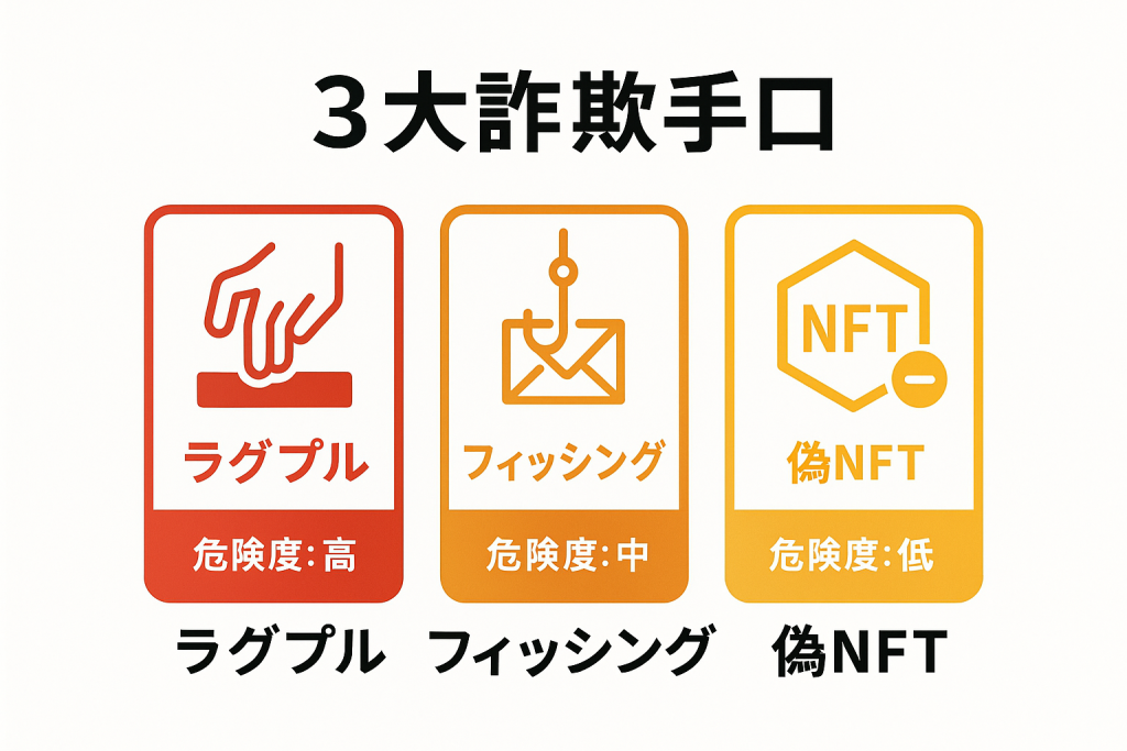 NFT詐欺の3大手口を分類した比較図表。ラグプル・フィッシング・偽NFTの特徴と危険度レベルを色分けで表示