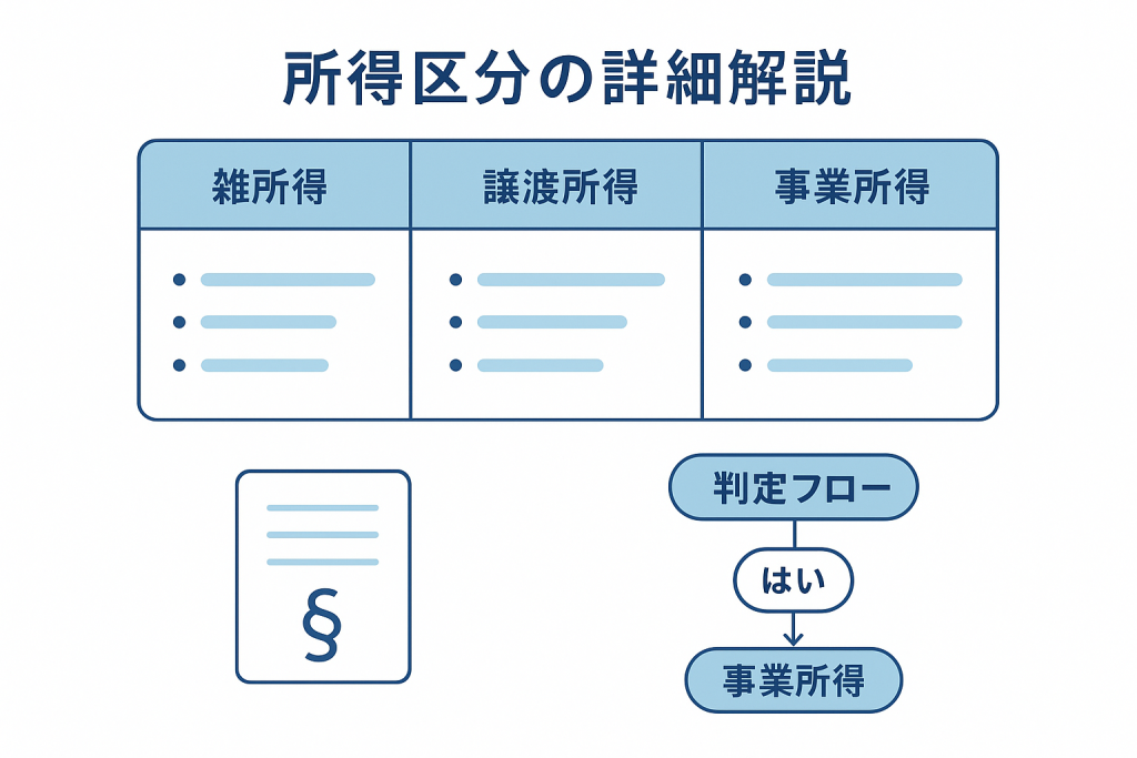 所得区分の詳細判定ガイド。継続性・反復性・営利性の3つの判定基準による雑所得・譲渡所得・事業所得の分類フローと青色申告65万円控除の適用条件