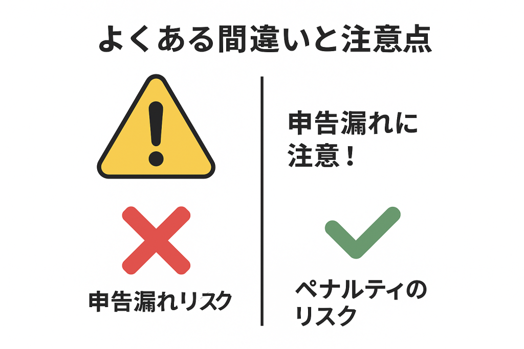 NFT税務のよくある4つの間違いと正しい対処法。申告漏れによる無申告加算税15-20%・重加算税40%のペナルティリスクと予防策を警告表示で図解